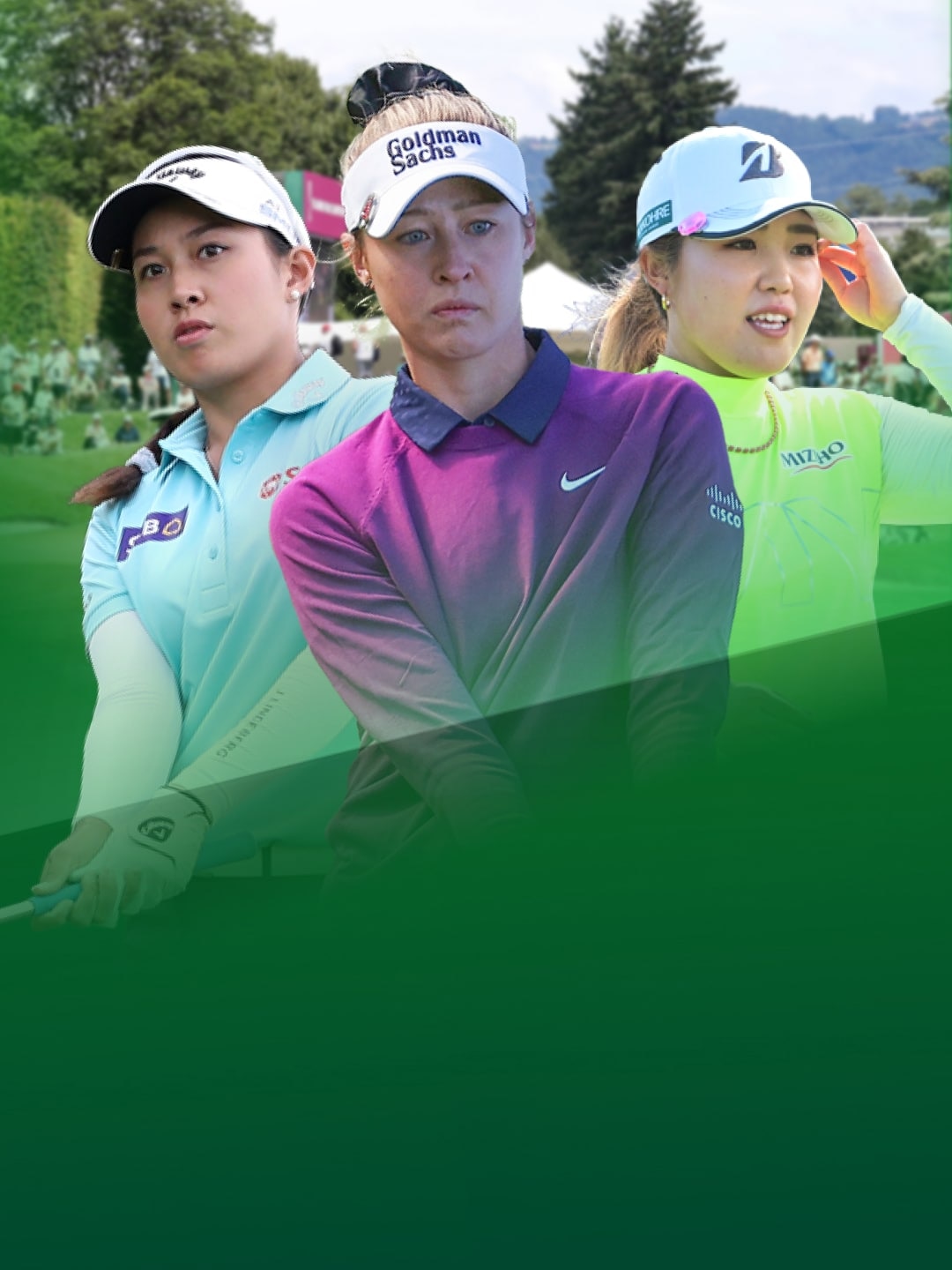 Drei Profi-Golferinnen sind vor dem Evian Resort Golf Club zusehen.